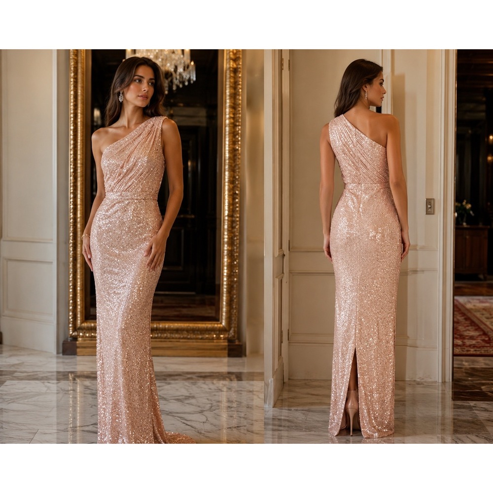 Ieena for Mac Duggal Rose Pink Sequin One Shoulder Ruched Gown Size 0